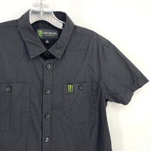 Monster Energy Mens Black Short Sleeve Button Down Work Shirt Small Embroidered